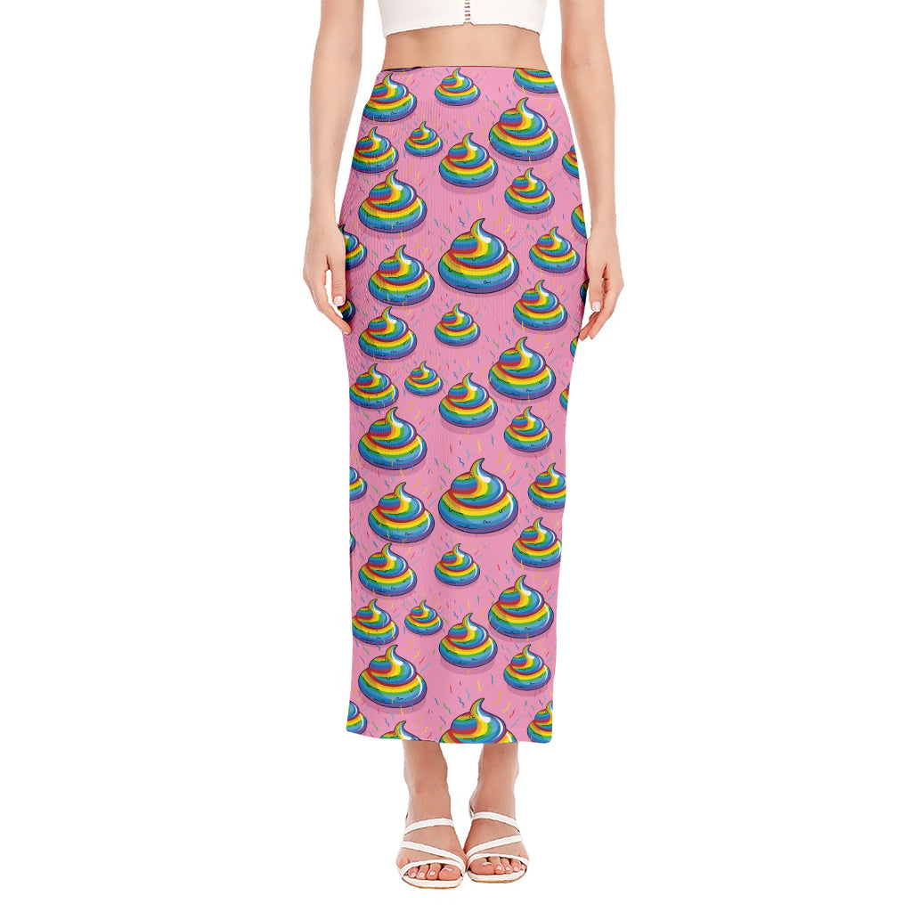 Rainbow Poop Pattern Print Side Slit Maxi Skirt