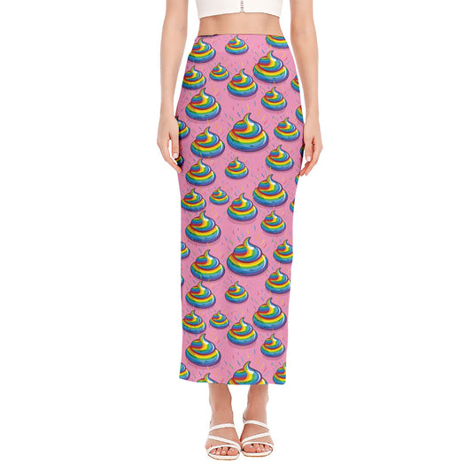 Rainbow Poop Pattern Print Side Slit Maxi Skirt