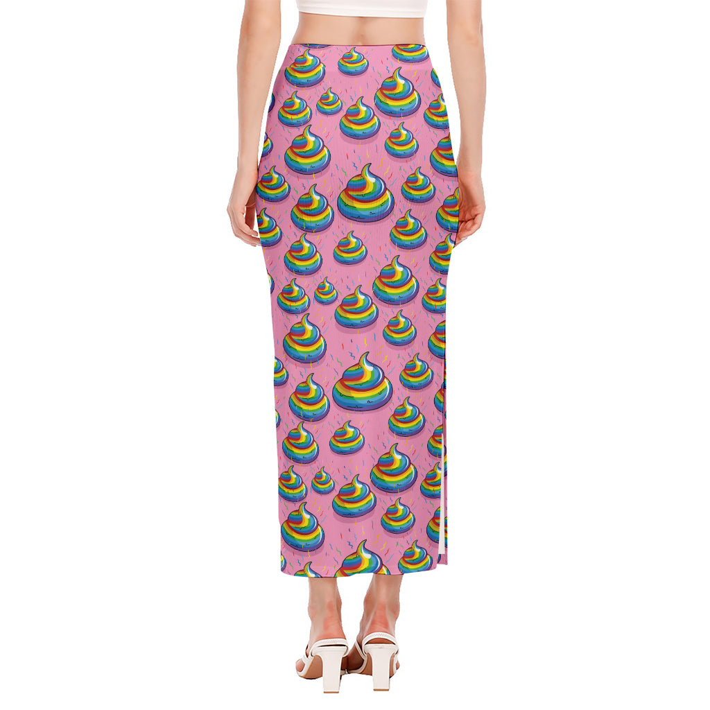 Rainbow Poop Pattern Print Side Slit Maxi Skirt