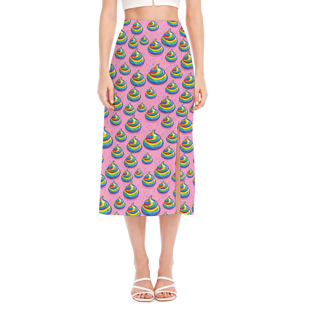 Rainbow Poop Pattern Print Side Slit Midi Skirt