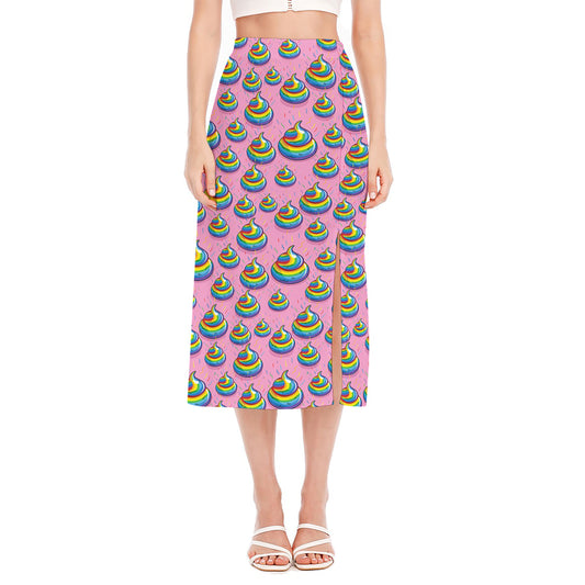 Rainbow Poop Pattern Print Side Slit Midi Skirt