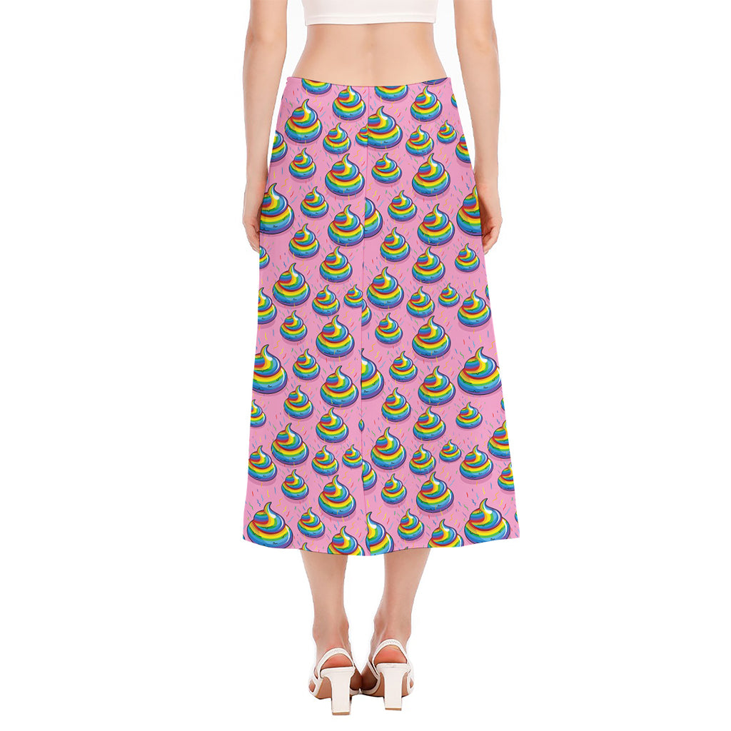 Rainbow Poop Pattern Print Side Slit Midi Skirt