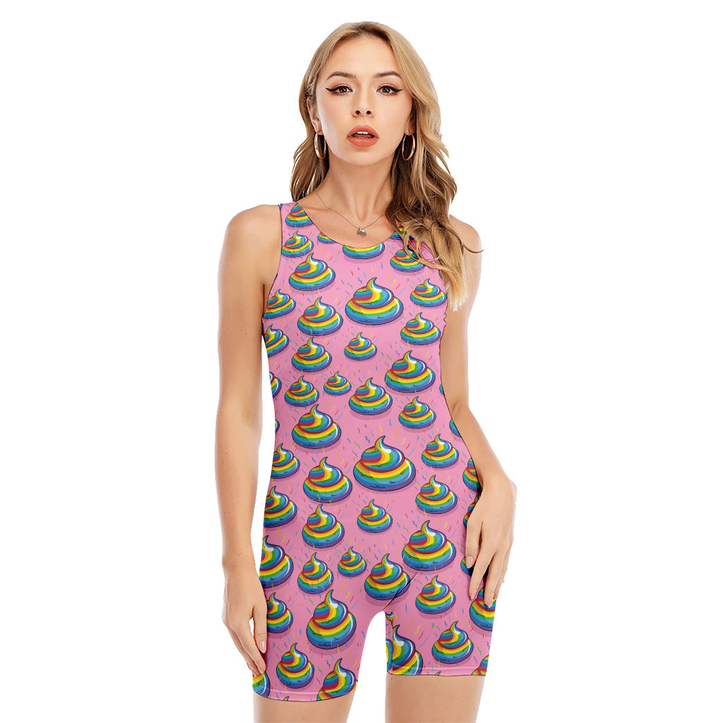 Rainbow Poop Pattern Print Sleeveless One Piece Swimsuit