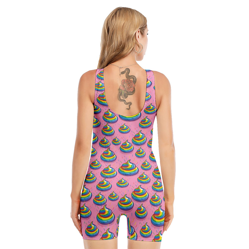 Rainbow Poop Pattern Print Sleeveless One Piece Swimsuit