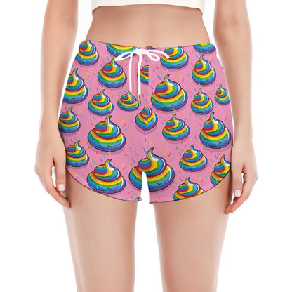 Rainbow Poop Pattern Print Women's Split Running Shorts