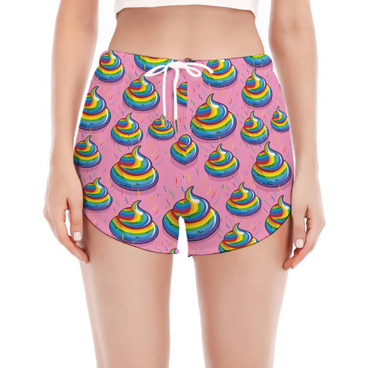 Rainbow Poop Pattern Print Women's Split Running Shorts