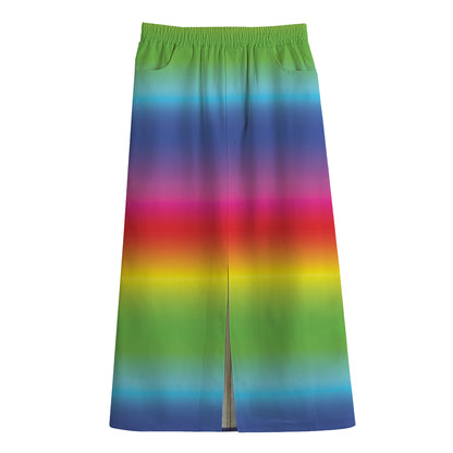 Rainbow Print Cotton Front Slit Maxi Skirt