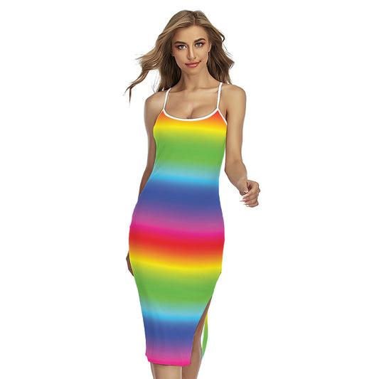 Rainbow Print Cross Back Cami Dress