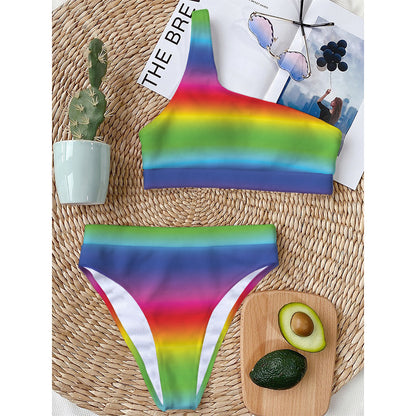 Rainbow Print One Shoulder Bikini Top