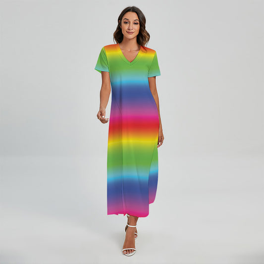 Rainbow Print Short Sleeve Maxi Dress
