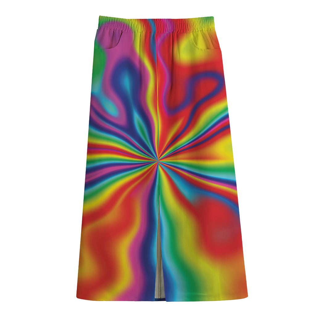 Rainbow Psychedelic Print Cotton Front Slit Maxi Skirt