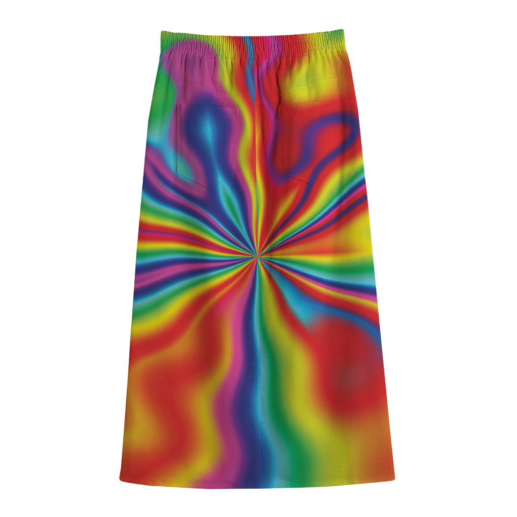 Rainbow Psychedelic Print Cotton Front Slit Maxi Skirt