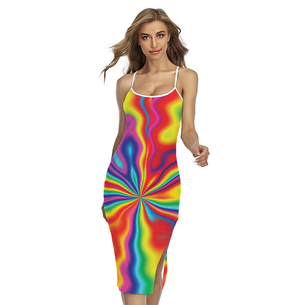 Rainbow Psychedelic Print Cross Back Cami Dress