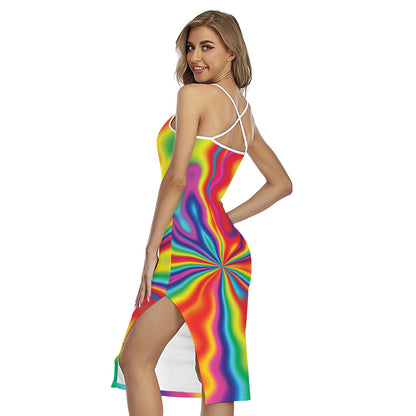 Rainbow Psychedelic Print Cross Back Cami Dress