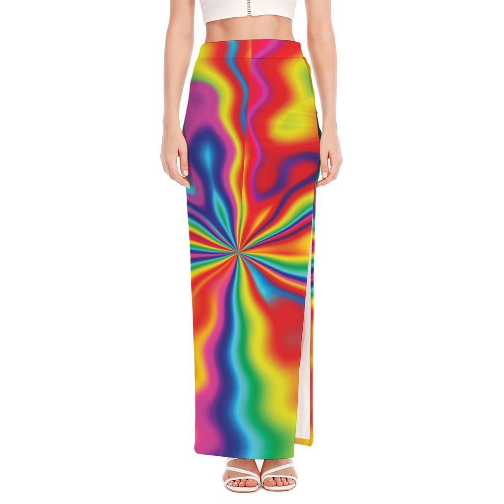 Rainbow Psychedelic Print High Slit Maxi Skirt