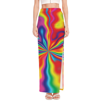 Rainbow Psychedelic Print High Slit Maxi Skirt