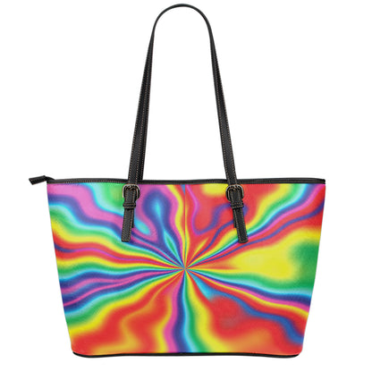 Rainbow Psychedelic Print Leather Tote Bag