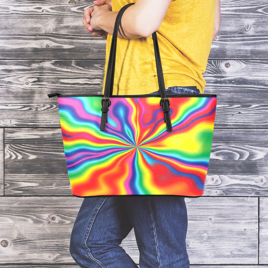 Rainbow Psychedelic Print Leather Tote Bag