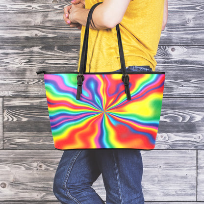 Rainbow Psychedelic Print Leather Tote Bag