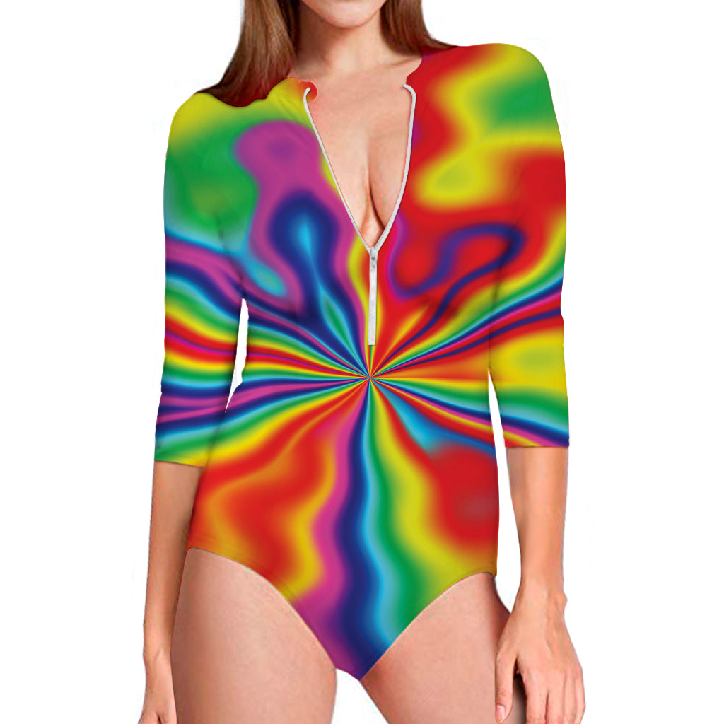 Rainbow Psychedelic Print Long Sleeve Swimsuit