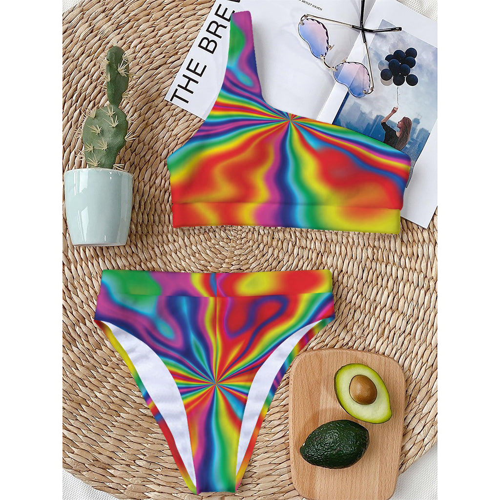 Rainbow Psychedelic Print One Shoulder Bikini Top