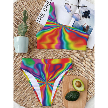 Rainbow Psychedelic Print One Shoulder Bikini Top