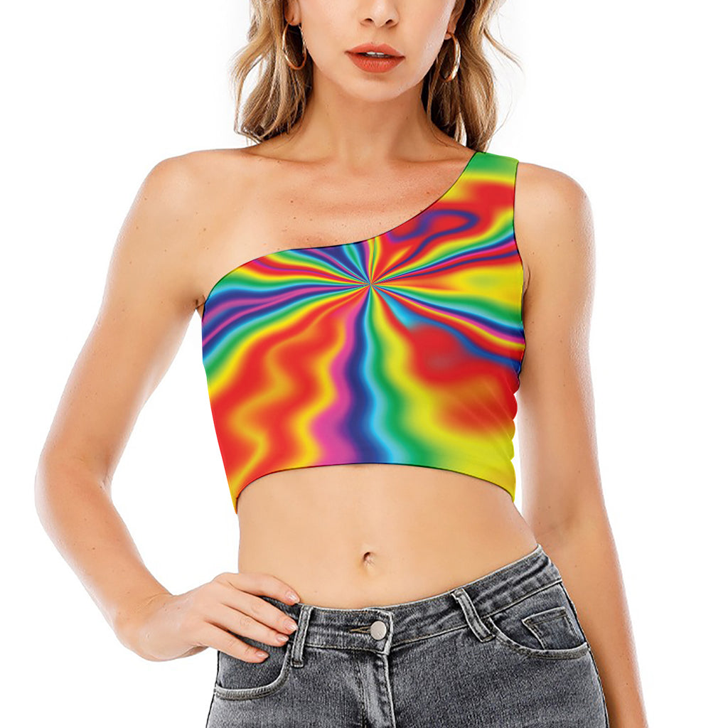 Rainbow Psychedelic Print One Shoulder Crop Top