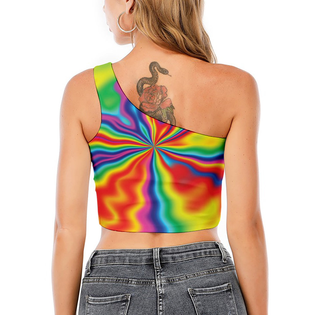 Rainbow Psychedelic Print One Shoulder Crop Top
