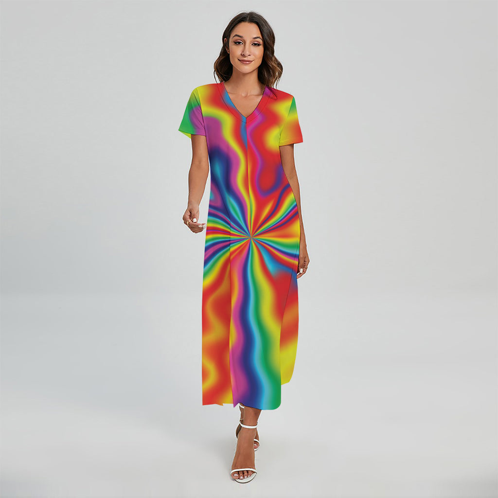 Rainbow Psychedelic Print Short Sleeve Maxi Dress
