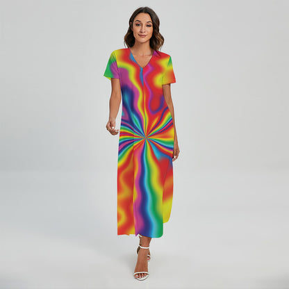 Rainbow Psychedelic Print Short Sleeve Maxi Dress