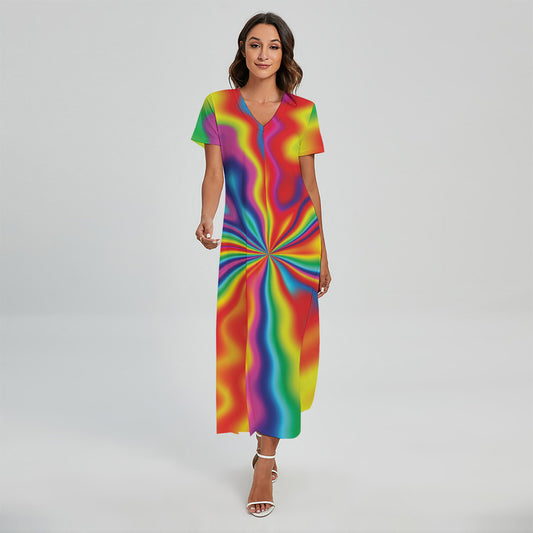 Rainbow Psychedelic Print Short Sleeve Maxi Dress