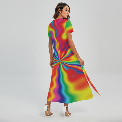 Rainbow Psychedelic Print Short Sleeve Maxi Dress
