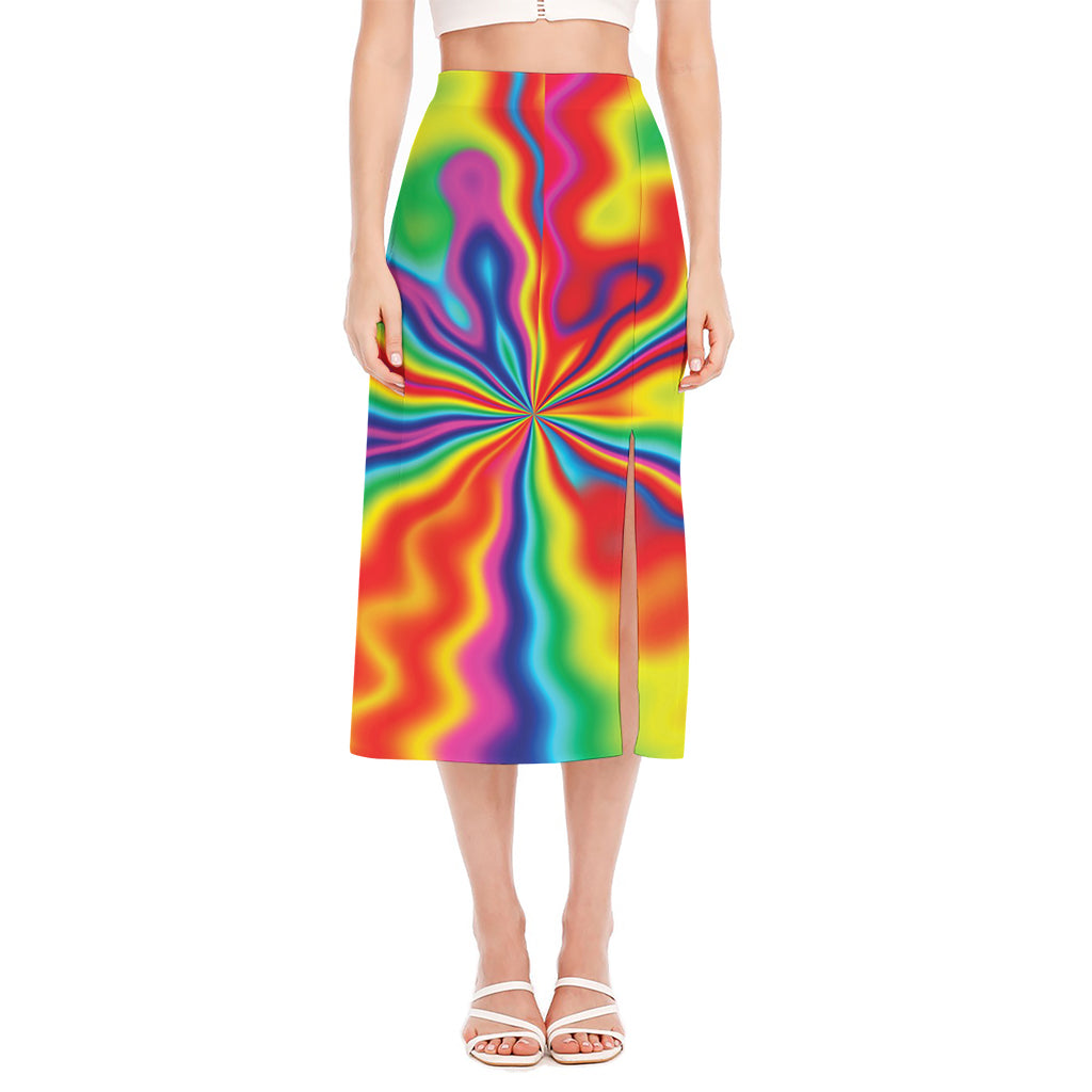 Rainbow Psychedelic Print Side Slit Midi Skirt