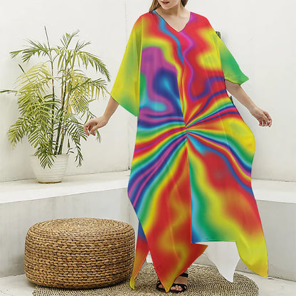 Rainbow Psychedelic Print Silk V-Neck Kaftan Dress