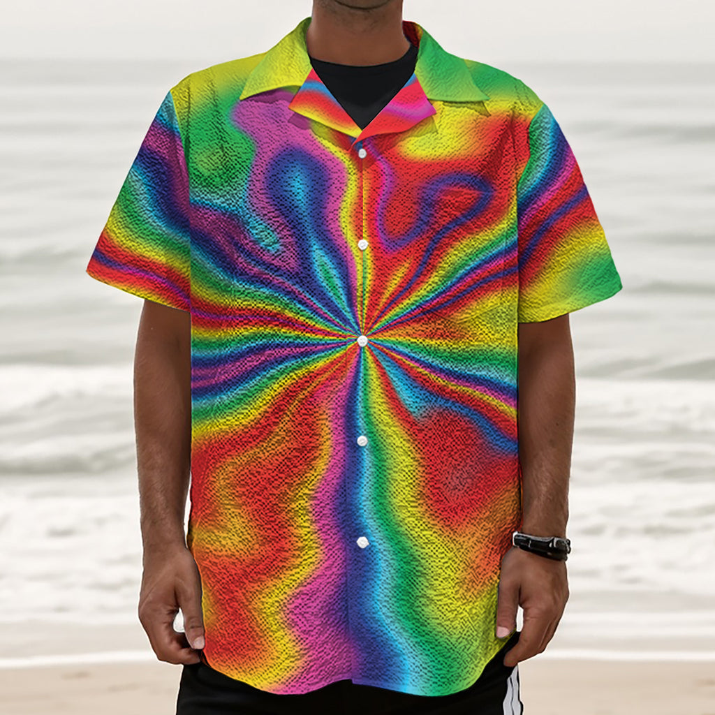 Rainbow Psychedelic Print Textured Short Sleeve Shirt