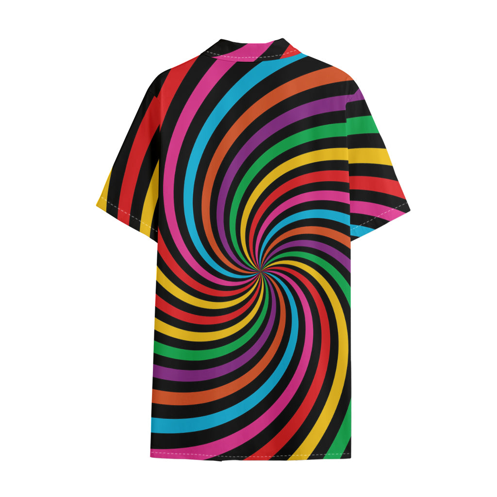 Rainbow Psychedelic Swirl Print Cotton Hawaiian Shirt