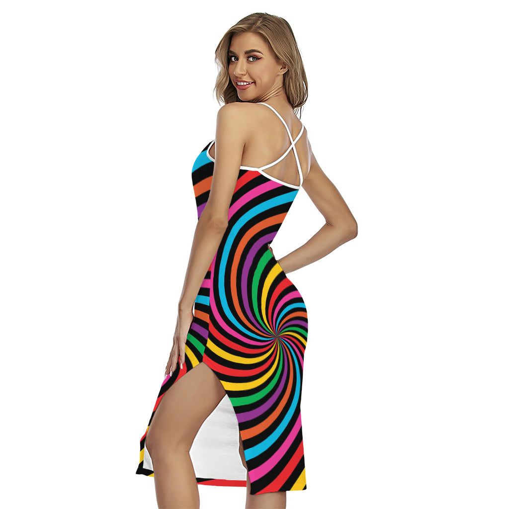 Rainbow Psychedelic Swirl Print Cross Back Cami Dress