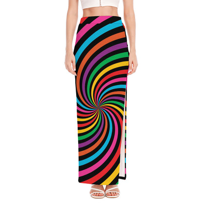 Rainbow Psychedelic Swirl Print High Slit Maxi Skirt