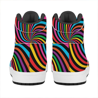 Rainbow Psychedelic Swirl Print High Top Leather Sneakers