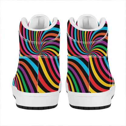 Rainbow Psychedelic Swirl Print High Top Leather Sneakers