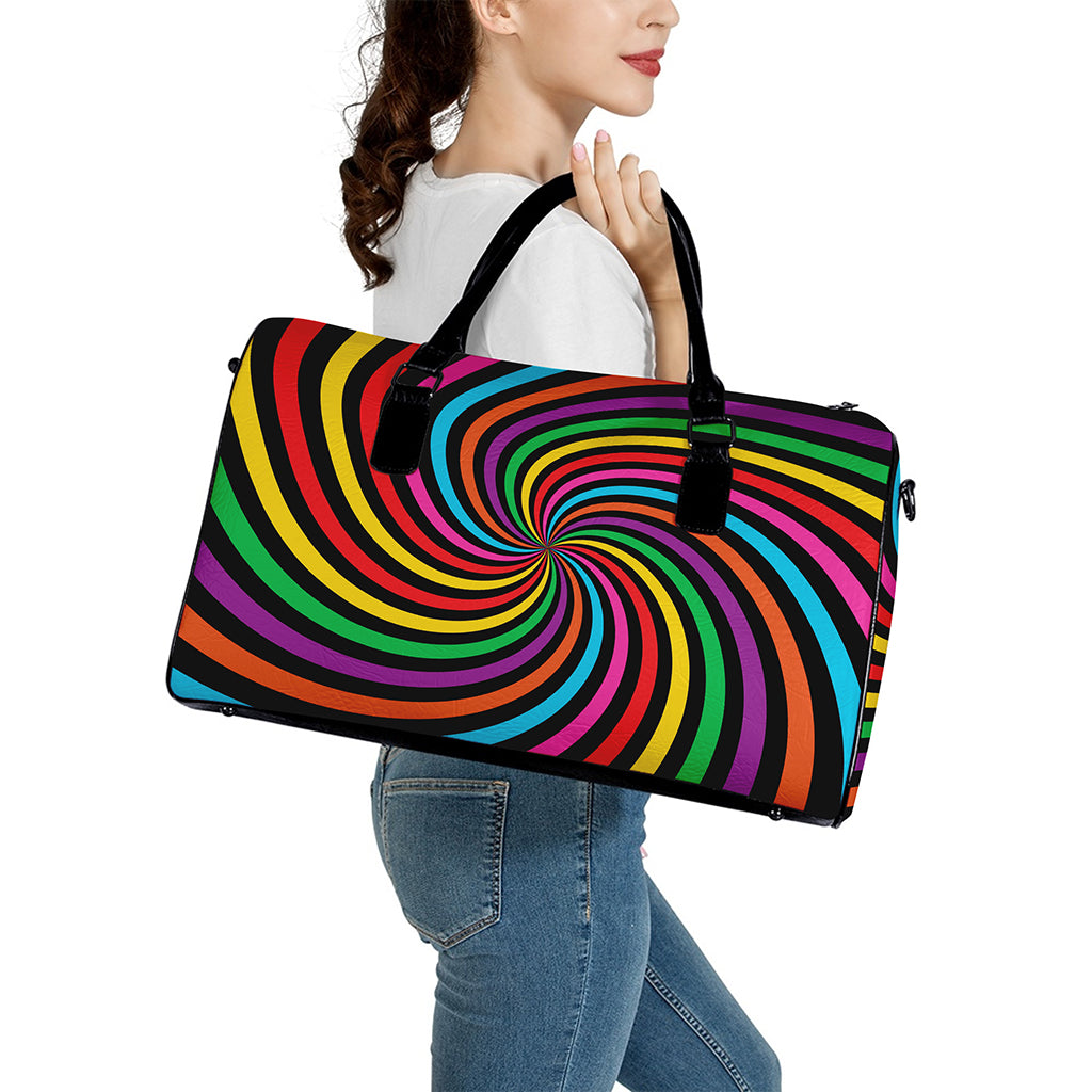 Rainbow Psychedelic Swirl Print Leather Duffle Bag