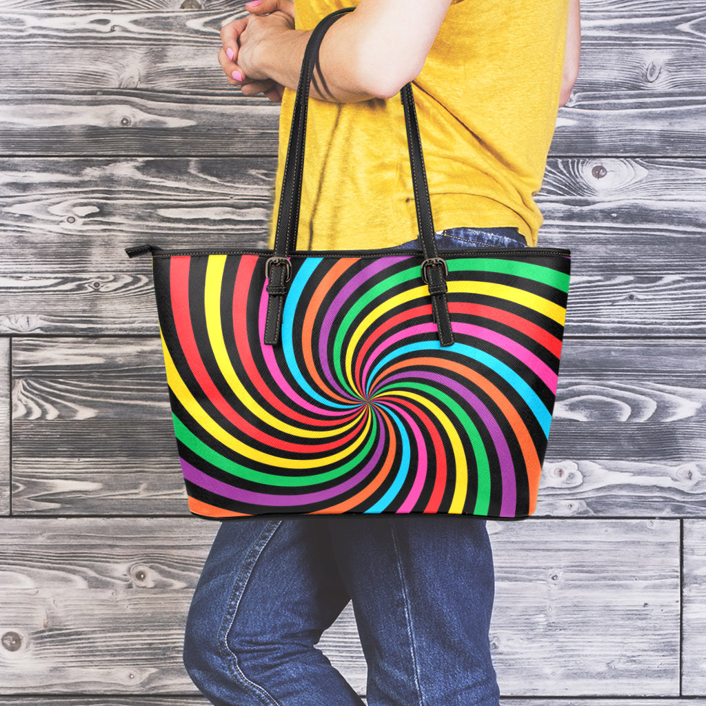 Rainbow Psychedelic Swirl Print Leather Tote Bag