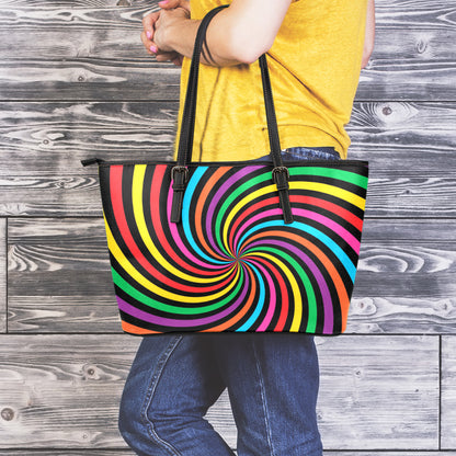 Rainbow Psychedelic Swirl Print Leather Tote Bag