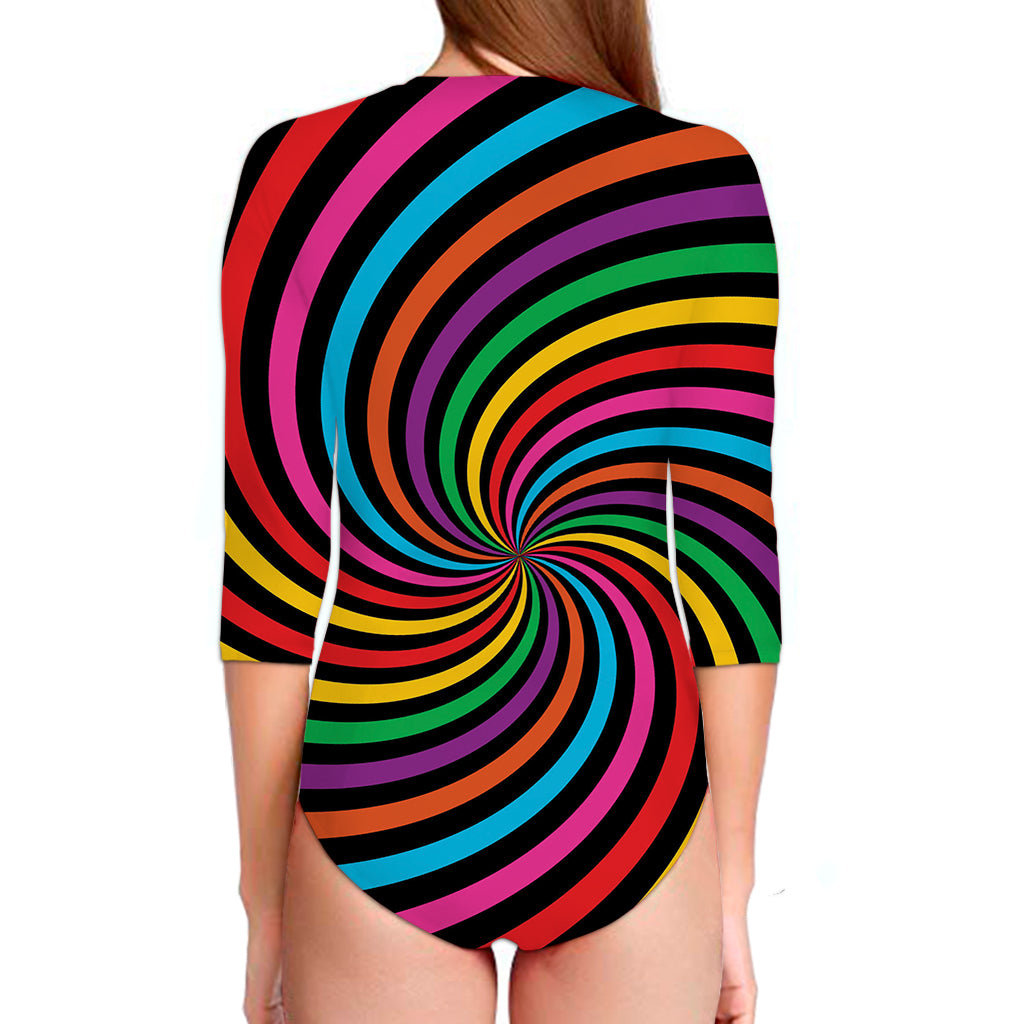Rainbow Psychedelic Swirl Print Long Sleeve Swimsuit