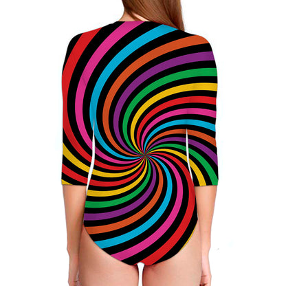 Rainbow Psychedelic Swirl Print Long Sleeve Swimsuit