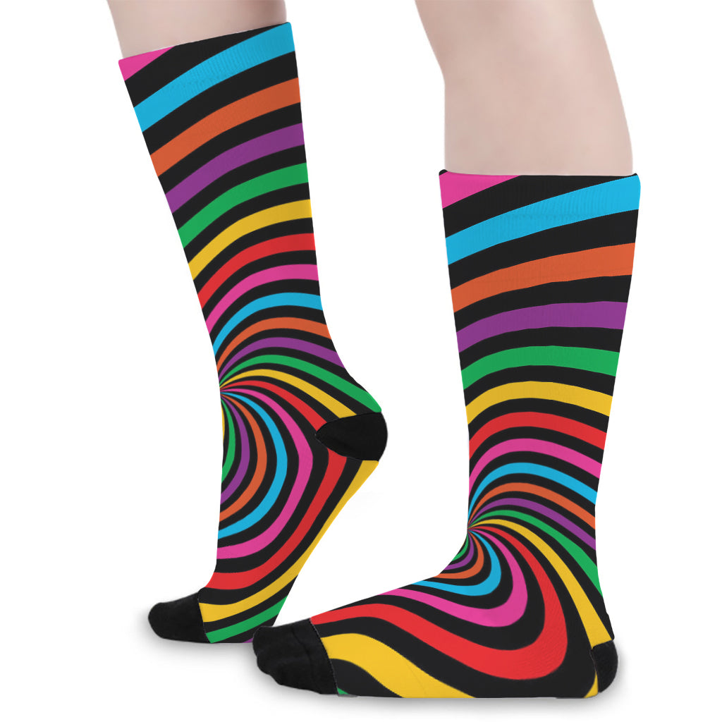 Rainbow Psychedelic Swirl Print Long Socks