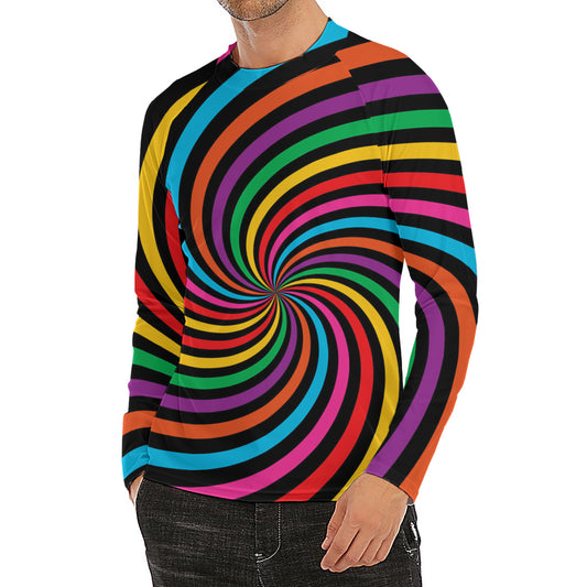 Rainbow Psychedelic Swirl Print Men's Long Sleeve Rash Guard