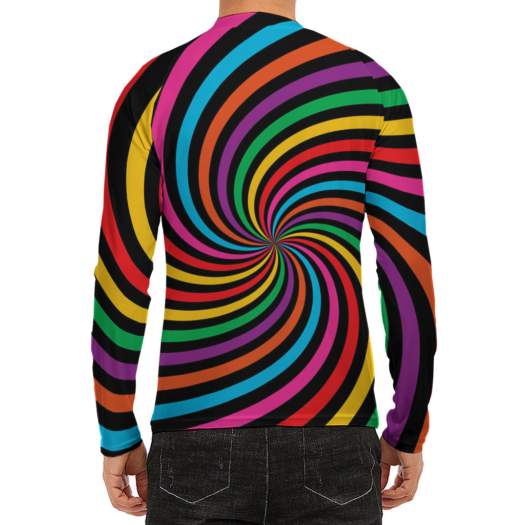 Rainbow Psychedelic Swirl Print Men's Long Sleeve Rash Guard