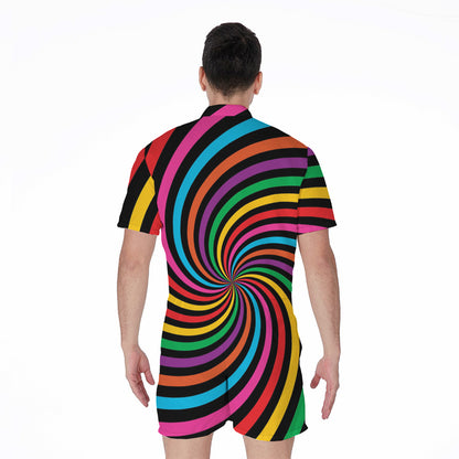 Rainbow Psychedelic Swirl Print Men's Rompers