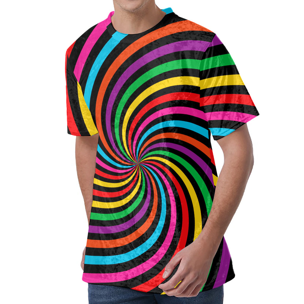 Rainbow Psychedelic Swirl Print Men's Velvet T-Shirt